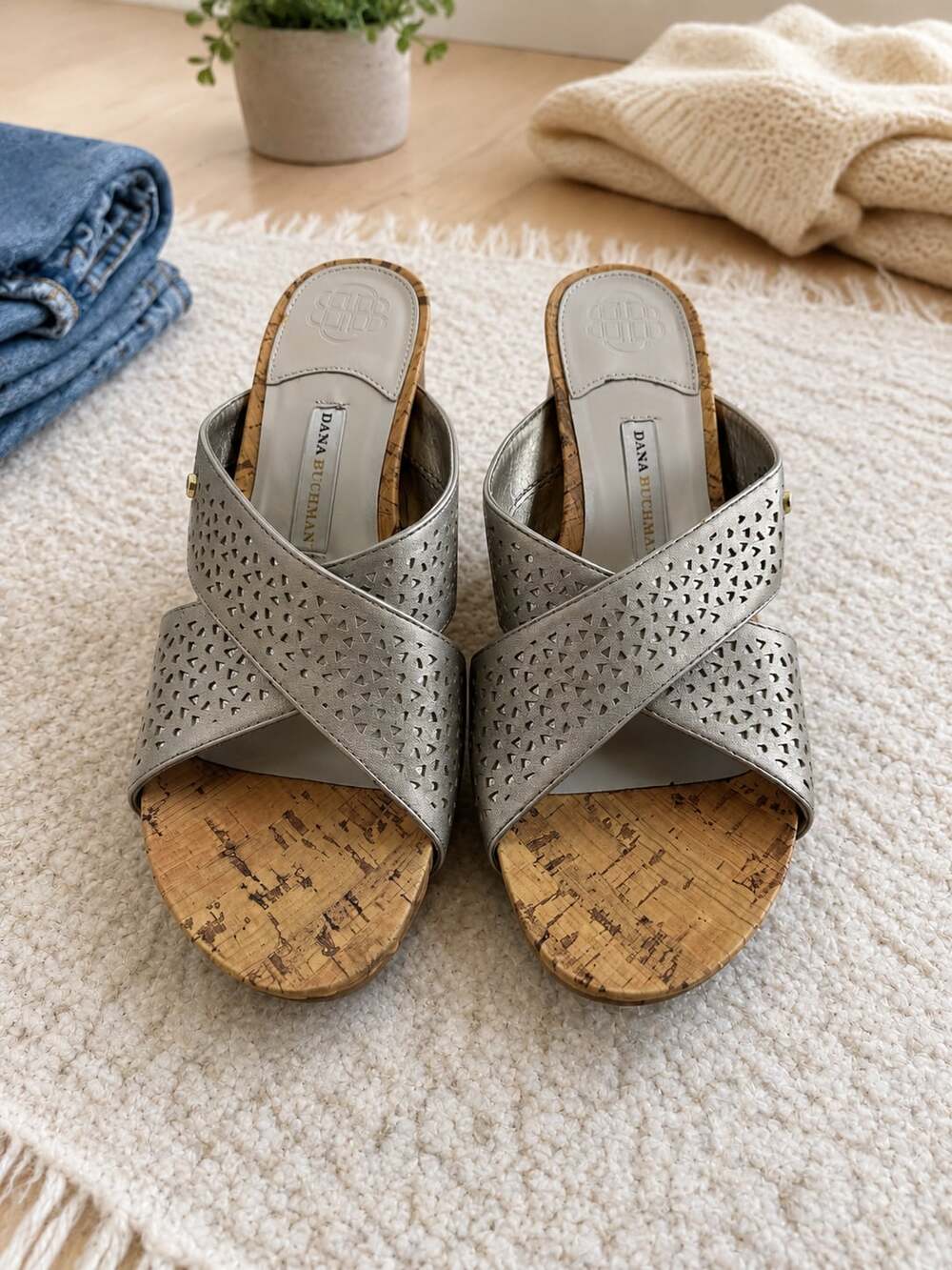 Dana Buchman Cork Wedge Slide Sandals Metallic Taupe Women’s 9.5M Comfort